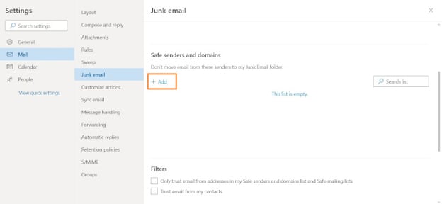outlook add safe senders and domains
