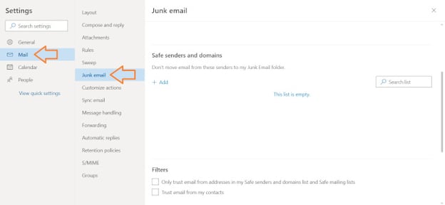 outlook junk e-mail settings
