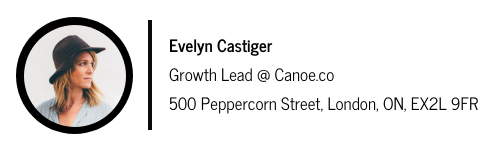 email signature for Evelyn Castiger with a space divider between photo on the left and text on the right