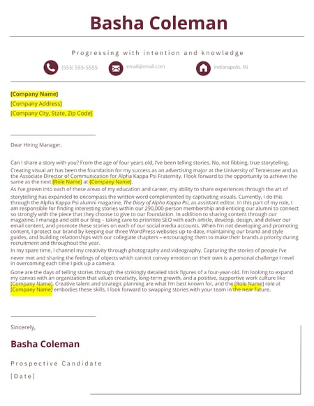 Marketing Cover Letter Example: Basha Coleman