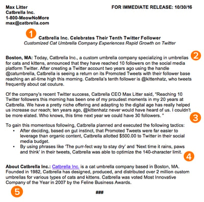 Sample press release format by HubSpot, with orange markers highlighting five key areas on the press release: headline, 3 paragraphs, about us section