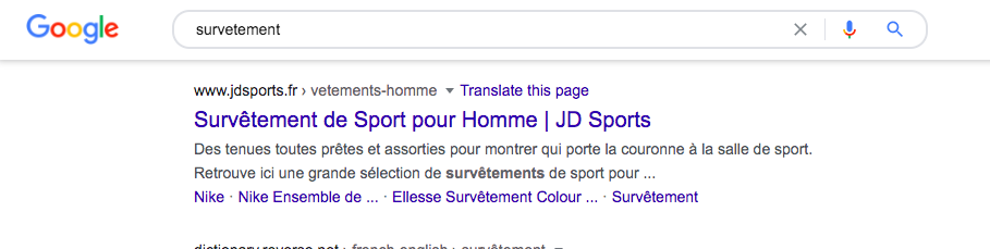 JD sports ranks on first page of French SERP for "survetement"