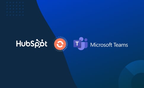 HubSpot and Microsoft Teams logos on a blue background with an orange circle with revolving white arrows between them