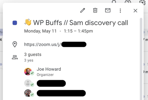 Google Calendar discovery call entry with corresponding Zoom link auto-populated