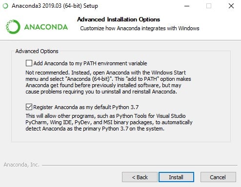 Screenshot of Anaconda advance installation options dialog box.