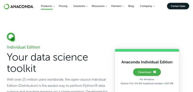 A screenshot of the anaconda download page for installing pandas on your windows machine.
