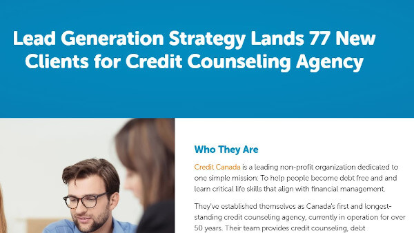 content format for the consideration stage: case study example from bluleadz that reads "lead generation strategy lands 77 new clients for credit counseling agency"