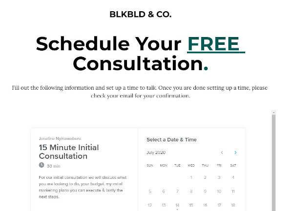  consultation offer from blkbld & co that reads 'for our initial consultation, we will discuss what you are looking to do, your budget, my marketing plans you can execute & lastly the next steps"