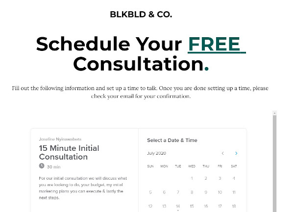 content format for the decision stage: consultation offer from blkbld & co that reads 'for our initial consultation, we will discuss what you are looking to do, your budget, my marketing plans you can execute & lastly the next steps"