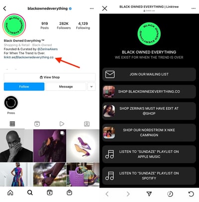 Instagram Linktree example: black owned everything 