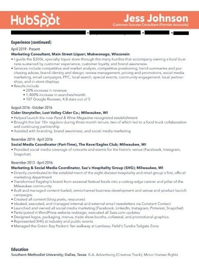 Marketing Resume Example: Jess Johnson Page 2