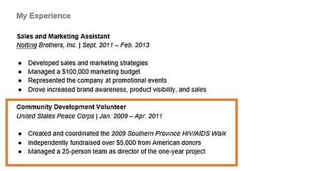 example resume with peace corps as a position