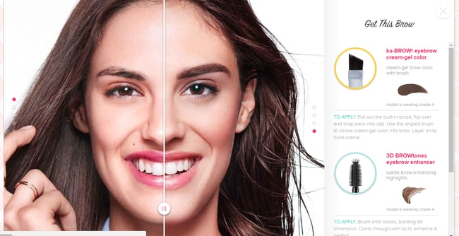 Benefit cosmetics product page includes interactive image that shows model with and without eyebrow product