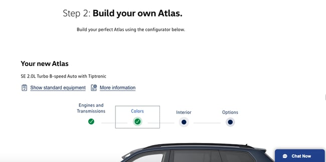 Volkswagen product page lets customers build their own Atlas car model