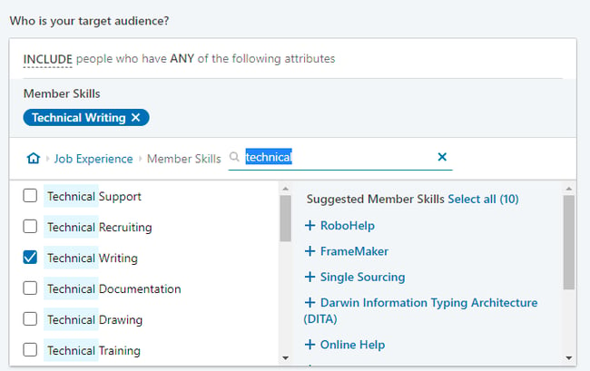 Example of LinkedIn Ads settings