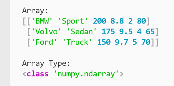NumPy array of car data values and type showing "numpy.ndarray" printed to the terminal