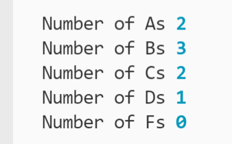 Counts of different letter grades printed to the terminal