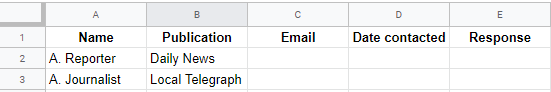 Excel sheet to store journalists contact information for press release