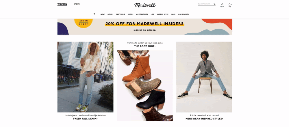 the madewell website with primary and secondary navigation