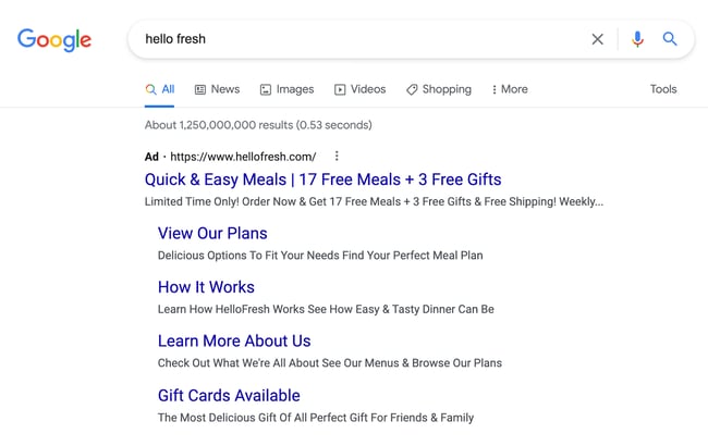 Example of PPC search result for "hellofresh"