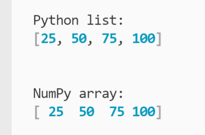 Screenshot showing printouts of Python list and NumPy array holding same values