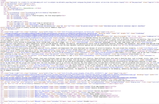 Photo of the source code from Dog Breed Wikipedia page 