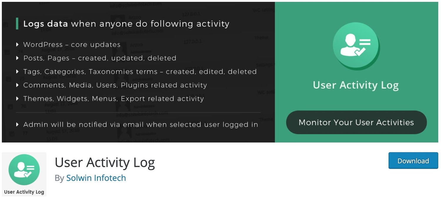 product page for the WordPress tracking plugin User Activity Log