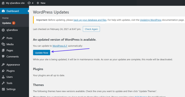 How to Fix the WordPress MySQL Extension Error: update WordPress software in dashboard