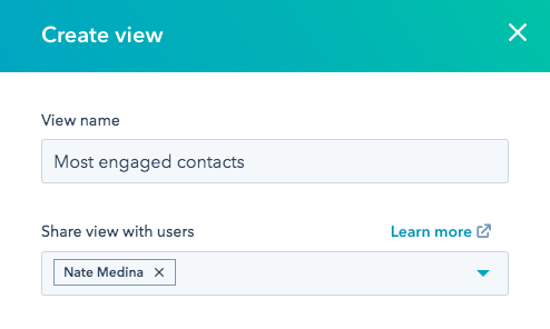Create view featuring a "View name" box and a "Share view with users" box to add users