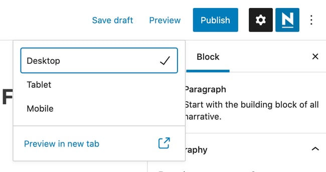 How to create blog WordPress: Preview the WordPress blog post using the preview button in the top right corner and selecting desktop, tablet, or mobile view