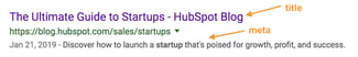 Il titolo e la meta descrizione etichettati in uno snippet in primo piano per un blog HubSpot