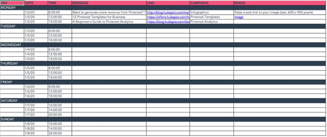 Social media calendar for Pinterest