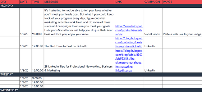 HubSpot social media content calendar for Linkedin