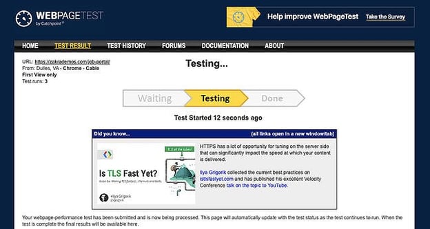 Wait for WebPageTest test to process to check your WordPress themes loading speed