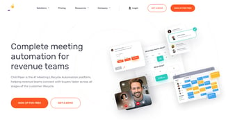 Chili Piper planningssoftware homepage met afbeeldingen van agenda's en personen in een virtuele vergadering