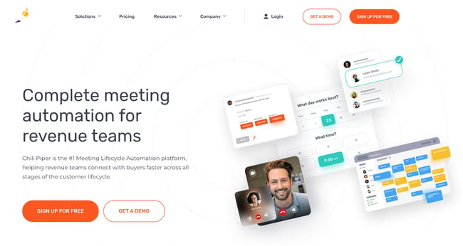 Chili Piper scheduling software homepage featuring images of calendars and individuals in a virtual meeting