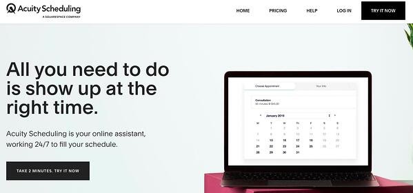Acuity best scheduling app homepage featuring a laptop showing a calendar.