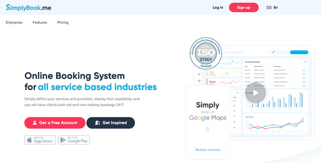 SimplyBook scheduling app home page featuring Google maps, charts, and graphs