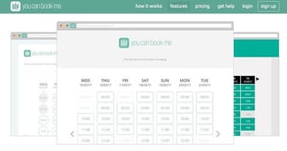 YouCanBook.me Terminplanungs-App-Startseite mit der grün-weißen Oberfläche der Software's green and white interface