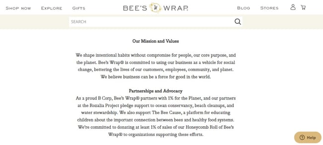 the be wrap website mission and values page
