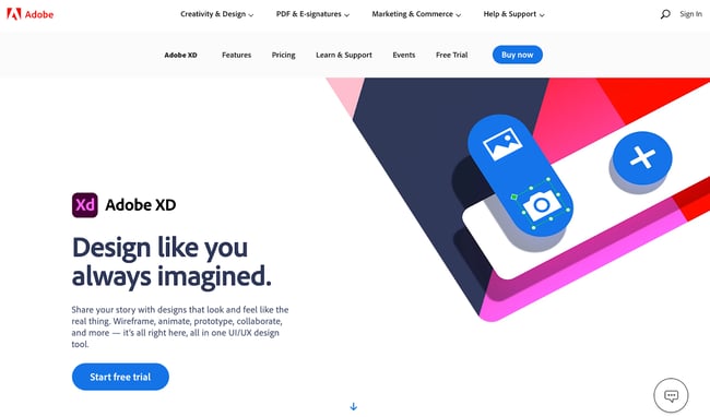 Adobe XD high fidelity design tool homepage