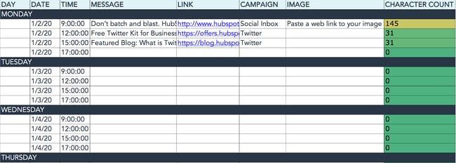 HubSpot social media content calendar for twitter