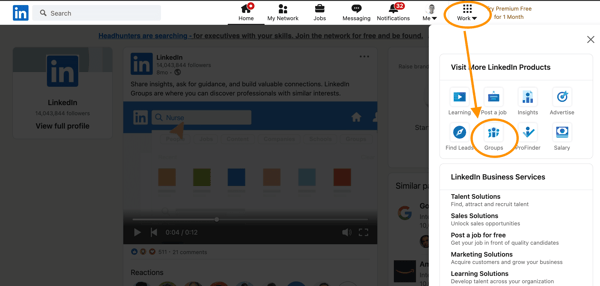 بر روی کلیک کنید "کار" شبکه برای پیدا کردن گروه لینکدین