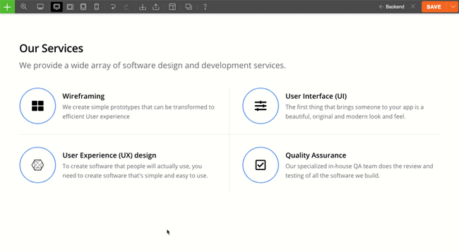 Demo of customizing page elements in the Themify Builder review: front-end edit mode
