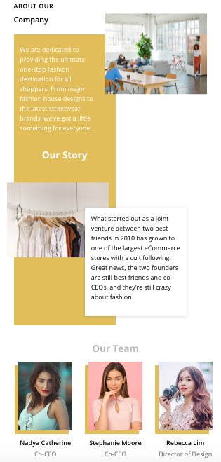 Themify Builder review: One of Themify Builder's pre-designed layout for an About Page on a fashion website