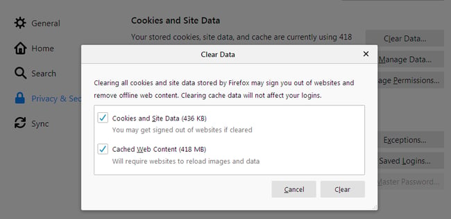 How to fix too many redirects error step #2:clear cached web content in firefox