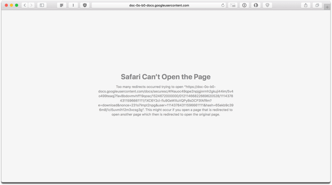 How to fix too many redirects error step #1: identify what too many redirects safari looks like, as shown here 