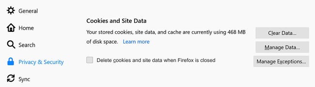 Click Cookies and Site Data in Firefox to delete cookies