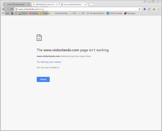 How to fix too many redirects error step #1: error message shown in chrome