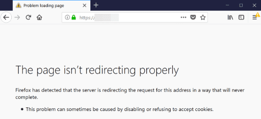 How to fix too many redirects error step #1: firefox error page, shown here